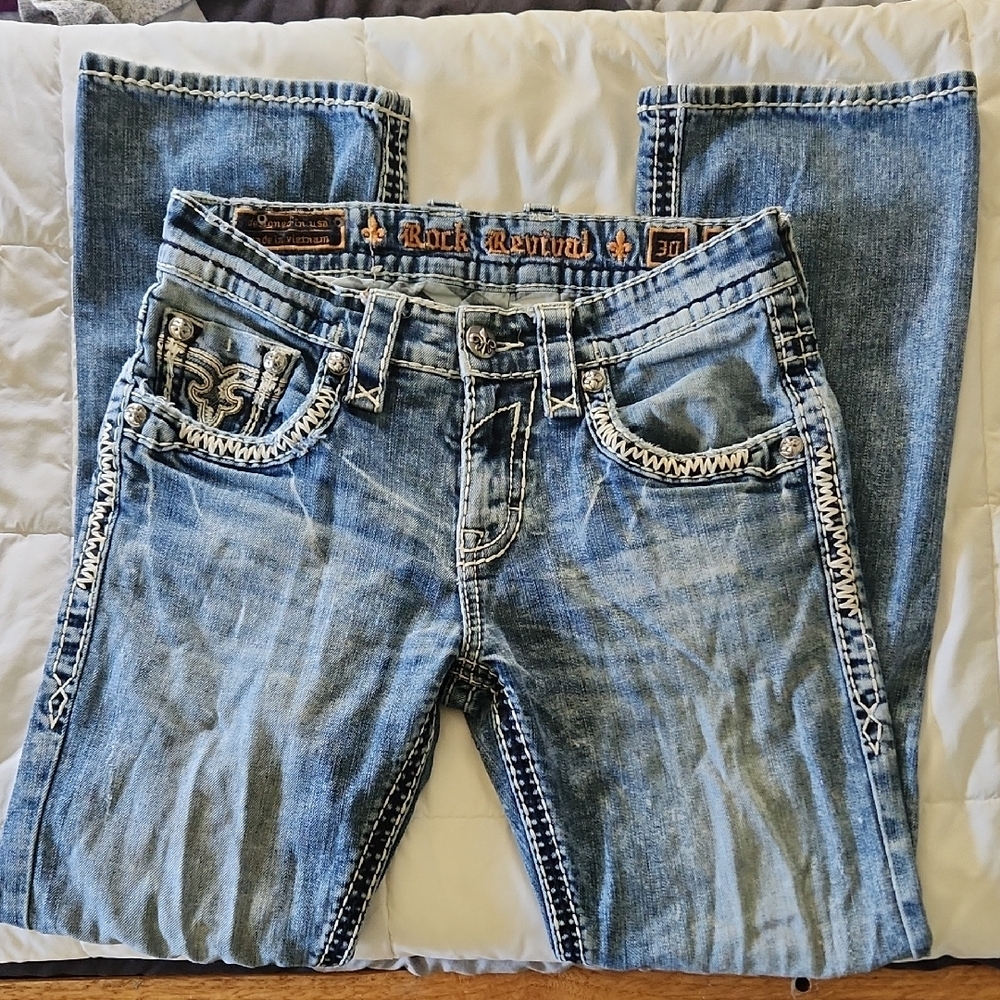 Rock Revival Light Blue Distressed Men's Jeans - Picture 6 of 7